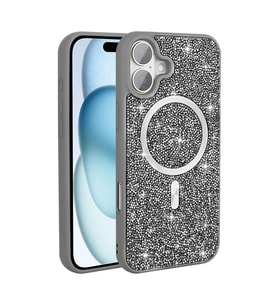 iPhone 16 Kılıf Pırlanta Tasarımlı M-safe Şarj Özellikli Mozaik Silikon Kapak (Gri)