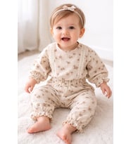 Dantel Detaylı Çiçek Desenli Müslin Kız Bebek Üst ve Pantolon İkili Set Takım Babyhola 2009 (Bej)