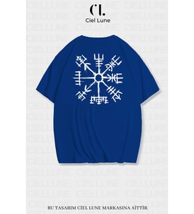 Unisex Kadın Erkek Viking Pusula Vegvisir Baskılı Özel Tasarım Oversize T-shirt (Mavi)