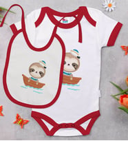 BK Kids Sevimli Denizci Tasarımlı Kırmızı Bebek Body Zıbın ve Mama Önlüğü Hediye Seti-1