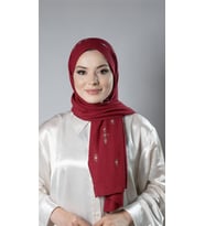Bordo Pratik Hazır Geçmeli Tesettür Şal Örme Kumaş Taşlı Çiçek Desenli  2118C_16
