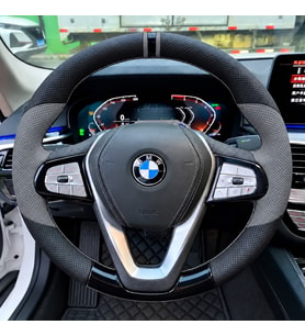 BMW G11 G12 Dikme Direksiyon Kılıfı Delikli Deri Parlak Siyah Gri Detay Çift Yüzük ve Dikiş 2015-2022