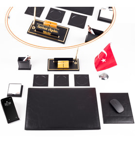 Optima 10 Parça Türk Bayraklı Siyah Deri Sümen Seti Takımı Gold Kalem Ofis Masa İsimliği İsimlik