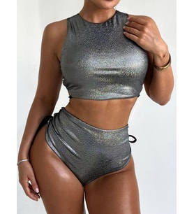 İki Parçalı Gümüş Parlak Backless Biye Detaylı