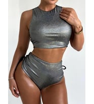 İki Parçalı Gümüş Parlak Backless Biye Detaylı