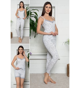 MyBen Kadın Beyaz Renkli Dantel Detaylı Şortlu ve Taytlı Pijama Takımı 3'lü Set 75027