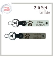 Minik Dostların Adını Taşıyan Kalpli Pati Tasarımı, 2’li Deri Set, İsim Yazılabilir, Beyaz-Kül Gri