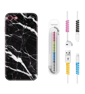 Apple iPhone 5 6 7 8 Plus Se XR Kılıf Kablo Koruma Spiral Silikon Siyah Şerit Mermer 1318