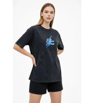 Asit Yıkamalı Oversize Tişört Future Worlds Baskılı Bisiklet Yaka Kısa Kollu Streetwear %100 Pamuk Street Style T-Shirt - Siyah