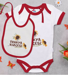 BK Kids Trakya Kızçesi Tasarımlı Kırmızı Bebek Body Zıbın ve Mama Önlüğü Hediye Seti-2