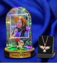 Size Özel Renkli Led Işıklı Fanus ve Renkli Zümrüdü Anka Kuşu Kolyesi - Premium Hediye Seti (Model 8)