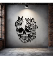 Kelebek ve Gül Desenli Kafatası Metal Tablo – 3D Gölgeli Modern Duvar Dekoru, Özel Hediye (Siyah)