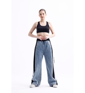 POLOPASS 025 Kadın Bol Paça Yan Şerit Penye Kot Denim Pantolon (Siyah)