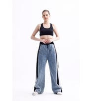POLOPASS 025 Kadın Bol Paça Yan Şerit Penye Kot Denim Pantolon (Siyah)