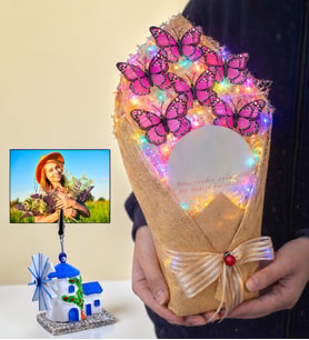 Kişiye Özel Değirmen Fotoğraflı Büyük Boy Kelebek Buketi Renkli Led Işıklı Aynalı (Pembe)