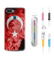 Oppo A5S A15 A16 A54 A55 A73 A74 Kılıf Kablo Koruma Spiral Silikon Şanlı Türk Bayrağı 1315