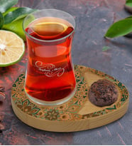 BK Gift Kişiye Özel Retro Motif Tasarımlı Doğal Ahşap Tabaklı Heybeli Çay Bardağı Sunum Seti Model 11