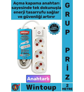 #Priz Dayanıklı Güvenli Elektrik Ofis TV Yanı 3'lü Topraklı Anahtarlı 2 Metre Kablolu Şık Grup Priz