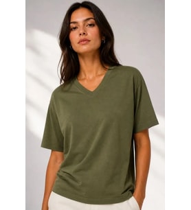 V Yaka Basic Tişört Kısa Kol Yazlık Regular Fit T-Shirt - Haki