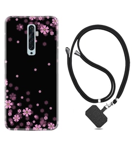 Oppo Reno 2Z 4 Lite 4 Pro 5 6 7 A31 Kılıf Boyun Askılı Silikon Black flowers 1391
