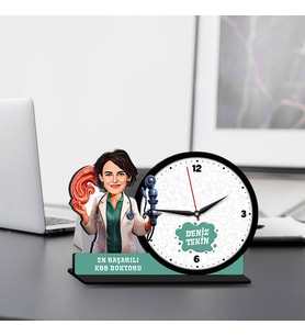Kadın KBB Doktoruna Hediye Karikatürlü MDF Masa Saati