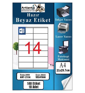 A4 Hazır Etiket 105x41 mm 10 Sayfa 1 Paket 14 lü Kendinden Yapışkanlı Fotokopi Lazer İnkjet Kağıdı Yazıcılar İçin Uyumlu (Beyaz)