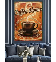 Kahve Evi Retro Afiş Dekoratif Kanvas - Mdf Ahşap Tablo