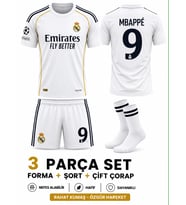 Real Madrid Mbappe Beyaz Retro Futbol Çocuk Forması 4'lü Set Çorap+Bileklik Hediyeli