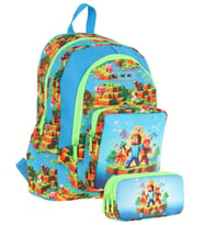 Kaukko Kids (L5280+L8280) Üç Gözlü Erkek Çocuk Okul Çantası ve Kalem Çantası Seti - Yeşil Mavi - Craft Baskılı (Çok Renkli)