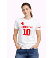 Kadın TÜRKİYE Ay Yıldız Baskılı 10 Numara Forma Tişört Taraftar T-Shirt - Beyaz