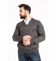 Erkek Füme Ince Yün Triko Örgü V Yaka Kazak