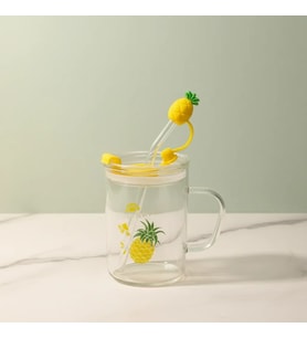 400 Ml Cam Kupa Bardak Ananas Figürlü Silikon Kapaklı Pipetli Tasarım