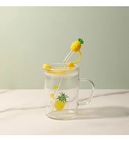 400 Ml Cam Kupa Bardak Ananas Figürlü Silikon Kapaklı Pipetli Tasarım