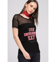 8070702 Tül Baskı Parçalı Yanı Yırtmaçlı Kısa Kol T.Shirt SIYAH (Siyah)