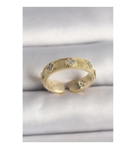 Mey İthalat® Pirinç Gold Renk Zirkon Taşlı Yonca İşlemeli Ayarlanabilir Yüzük