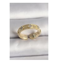 Mey İthalat® Pirinç Gold Renk Zirkon Taşlı Yonca İşlemeli Ayarlanabilir Yüzük