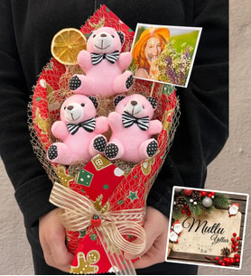 Yılbaşı Hediyesi Size Özel Fotoğraflı Büyük Boy Pembe Peluş Ayıcık Buketi (Kırmızı)