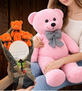 Premium Ayıcık Buketi Seti, Aynalı Turuncu Ayıcık Buketi ve Büyük Boy Peluş Ayıcık (Model 1)