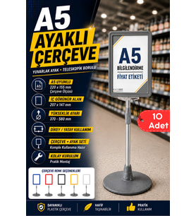 10 Adet - A5 Ayaklı Menü ve Fiyat Bilgi Standı Yuvarlak Tabanlı Teleskopik Çerçeve Etiketlik Gri
