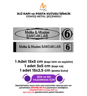 GÜMÜŞ METAL KAPI İSİMLİĞİ SETİ 3'LÜ - KAPI İSİMLİĞİ, KAPI NUMARASI, POSTA KUTUSU İSİMLİĞİ