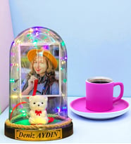 Size Özel Renkli Led Işıklı Fanus ve Pembe Türk Kahvesi Fincanı (Model 1)