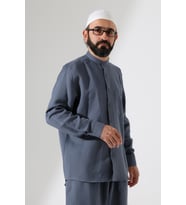Erkek Müslin Hakim Yaka Uzun Kollu Düğmeli Gömlek, Hac Umre Kıyafeti  -Füme  (ANS)