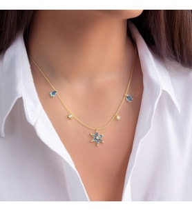 Beşli Aqua Taşlı Lotus Çiçeği Altın Kaplama Gümüş Kolye (Gold)