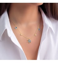 Beşli Aqua Taşlı Lotus Çiçeği Altın Kaplama Gümüş Kolye (Gold)