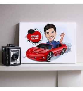Kırmızı Spor Arabadaki Erkek Karikatürlü Kanvas