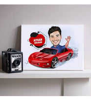 Kırmızı Spor Arabadaki Erkek Karikatürlü Kanvas
