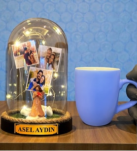 Size Özel Tasarım Led Işıklı Fanus ve Turkuaz Kupa Bardak Hediye Seti (Model 9)