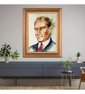 Altın Varaklı Çerçeveli Paspartulu Atatürk Tablo DC1421 (Gold)