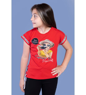 Toontoy Kız Çocuk Şerit Detaylı Baskılı Tişört (Kırmızı)