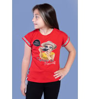 Toontoy Kız Çocuk Şerit Detaylı Baskılı Tişört (Kırmızı)